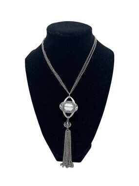 Silver Statement Pendant Necklace Multi-Layer Chain Clear Crystal Accent Tassel